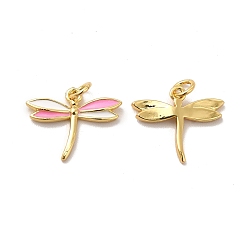 Pearl Pink Rack Plating Brass Enamel Pendants, with Jump Rings, Long-Lasting Plated, Lead Free & Cadmium Free, Real 18K Gold Plated, Dragonfly Charm, Pearl Pink, 12x15x1.5mm, Hole: 2.5mm