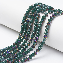 Dark Green Electroplate Opaque Glass Beads Strands, Half Purple Plated, Faceted, Rondelle, Dark Green, 8x6mm, Hole: 1mm, about 72pcs/strand, 16.14 inch(41cm)
