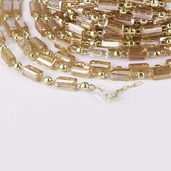 Tan Handmade Glass Beaded Chains, Soldered, with Brass Findings, with Spool, Long-Lasting Plated, Real 18K Gold Plated, Cuboid, Tan, 4.5x2.5~3x2.5~3mm, 2mm, about 32.8 Feet(10m)/roll