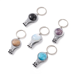 Mixed Stone Iron Nail Iron Nail Clippers and Bottle Opener, with Natural Gemstone Cabochons, Iron Split Key Rings, 9.2cm