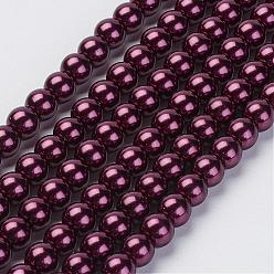 Púrpura Hebras de perlas de vidrio teñidas ecológicas, Grado A, rondo, cordón de algodón rosca, púrpura, 5 mm, agujero: 1.2~1.5 mm, sobre 80 unidades / cadena, 15.7 pulgada