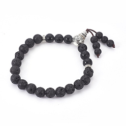 Lava Rock Natural Lava Rock and Agate Stretch Bracelets, Om Mani Padme Hum, with Metal Findings and Burlap Packing, Round, 2-1/8 inch(5.4cm)