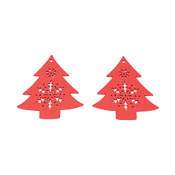 Red Christmas Theme Spray Painted Wood Big Pendants, Christmas Tree Charm with Hollow Snowflake, Red, 73x67x2mm, Hole: 3mm