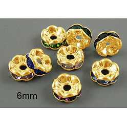 Mixed Color Brass Rhinestone Spacer Beads, Grade AAA, Wavy Edge, Nickel Free, Golden Metal Color, Rondelle, 6x3mm, Hole: 1mm
