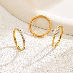 Chapado en Oro Real 18K 3 piezas 3 conjunto de anillos de dedo finos simples de acero inoxidable estilo, anillos apilables de circonita cúbica, real 18 k chapado en oro, tamaño de EE. UU. 7 (17.3 mm), 1 pc / estilo