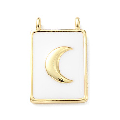 Moon Rack Plating Brass Connector Charms, Rectangle Links with White Enamel, Lead Free & Cadmium Free, Long-Lasting Plated, Real 18K Gold Plated, Moon, 18x11.5x2mm, Hole: 1.5mm