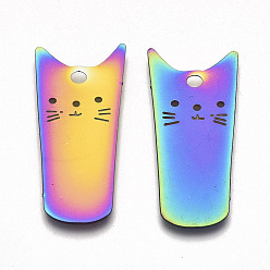 Rainbow Color Ion Plating(IP) 201 Stainless Steel Pendants, Etched Metal Embellishments, Cat Shape, Rainbow Color, 31x14.5x0.3mm, Hole: 1.8mm
