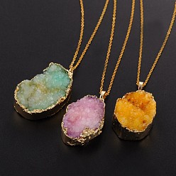 Mixed Color Vogue Design Brass Natural Druzy Agate Pendant Necklaces, with Brass Chains and Spring Ring Clasps, Mixed Color, 18 inch