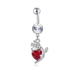 Red Brass Cubic Zirconia Navel Ring, Belly Rings, with 304 Stainless Steel Bar, Cadmium Free & Lead Free, Flower, Red, 43mm, Bar: 15 Gauge(1.5mm), Bar Length: 3/8"(10mm)