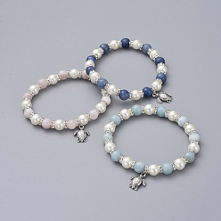 Pierre Mélangete Étirer bracelets de charme, avec des perles naturelles de pierres précieuses, Perles en verre nacré, breloques en alliage de zinc et perles d'espacement en laiton strass, tortue de mer, 2-1/8 pouce (5.3 cm)