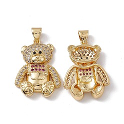 Hot Pink Brass Micro Pave Cubic Zirconia Pendants, Bear Charm, Real 18K Gold Plated, Hot Pink & Clear, 24.5x18x4.5mm, Hole: 4x3mm