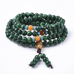 Malachite 3 -loop style bijoux bouddhistes, bracelets de mala mala synthétiques, bracelets élastiques, ronde, 26.38 pouce (67 cm)