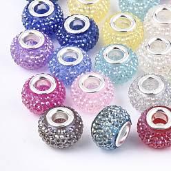 Mixed Color Resin Rhinestone European Beads, Large Hole Beads, with Platinum Tone Brass Double Cores, AB Color, Rondelle, Berry Beads, Mixed Color, 14x10mm, Hole: 5mm