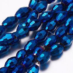 Blue Plated Full Plated Glass Faceted Rice Beads Strands, Blue Plated, 6x4mm, Hole: 1mm, about 72pcs/strand, 16 inch