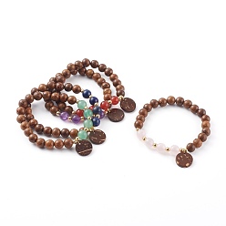 Mixed Goldstone Wood Bead & Stone Bracelet, Mixed Gemstone, with Wood Jewelry Findings Flat Round Coconut Pendants,, Inner Diameter: 2 inch(5.1cm)