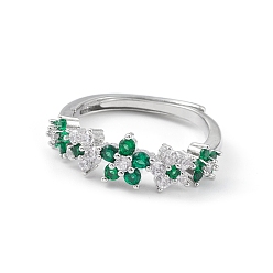 Platinum Green Cubic Zirconia Flower Adjustable Ring, Brass Jewelry for Women, Lead Free & Cadmium Free, Platinum, US Size 6(16.5mm)