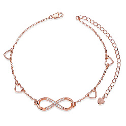 Rose Gold SHEGRACE 925 Sterling Silver Link Anklets, with Grade AAA Cubic Zirconia, Heart and Infinity, Clear, Rose Gold, 8-1/4 inch(21cm)
