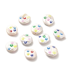 Seashell Color Natural Baroque Pearl Keshi Pearl Beads, with Colorful Enamel, Flat Round with Evil Eye, Seashell Color, 17~21x16~17x6.5mm, Hole: 0.9~1mm
