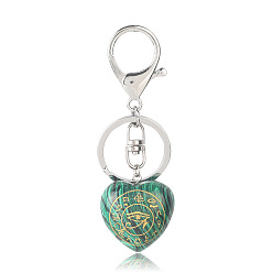 Malachite Coeur de malachite synthétique avec porte-clés oeil d'horus, Porte-clés en pierre d'énergie reiki, pour sac, bijoux, décoration cadeau, 9.5x3 cm