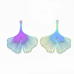 Rainbow Color Ion Plating(IP) 201 Stainless Steel Filigree Pendants, Etched Metal Embellishments, Ginkgo Leaf, Rainbow Color, 40x36x0.3mm, Hole: 1.6mm