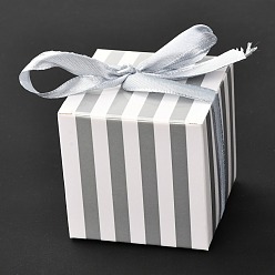 Silver Square Foldable Creative Paper Gift Box, Stripe Pattern with Ribbon, Decorative Gift Box for Weddings, Silver, 55x55x55mm