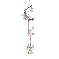 Mixed Stone Moon Natural Amethyst & Electroplated Natural Quartz Crystal Pendants Decorations, with Brass Finding and Glass Leaf Charm, for Home Decorations, 265mm