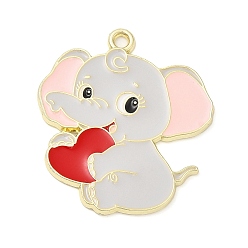 Red Alloy Enamel Pendants, Golden, Elephant with Heart Charm, Red, 29x26x1.5mm, Hole: 1.8mm