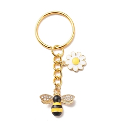Golden Alloy & Brass Enamel Keychains, with 304 Stainless Steel & Iron Findings and with Crystal Rhinestone, Bees & Flower, Golden, 6.8cm