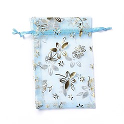 Light Sky Blue Organza Drawstring Jewelry Pouches, Wedding Party Gift Bags, Rectangle with Gold Stamping Flower Pattern, Light Sky Blue, 15x10x0.11cm