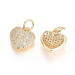 Real 18K Gold Plated Brass Micro Pave Cubic Zirconia Pendants, with Jump Ring, Long-Lasting Plated, Heart, Clear, Real 18K Gold Plated, 10.5x10x2.5mm, Hole: 3mm