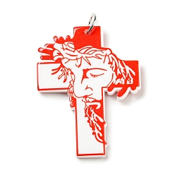 Rouge Pendentifs acryliques imprimés en relief, avec anneau de saut en fer, croix avec motif homme, rouge, 40.5x30.5x2.5mm, Trou: 5mm