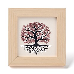 Strawberry Quartz Tree of Life Natural Strawberry Quartz Chips Picture Frame Stand, with Wood Square Frame, Feng Shui Money Tree Picture Frame Home Office Decoration, 66x130x120mm, Inner Diameter: 90x90mm