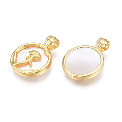 Real 18K Gold Plated Brass Pendants, with Creamy White Shell, Cadmium Free & Nickel Free & Lead Free, Flat Round with Rose Flower, for Valentine Day, Real 18K Gold Plated, 17x12.5x4mm, Hole: 2x3mm