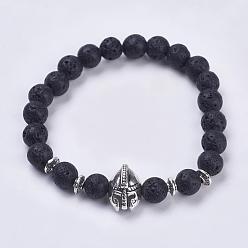 Lava Rock Natural Lava Rock Stretch Bracelets, with Lava Rock Beads and Tibetan Style Alloy Beads, Gladiator Helmet, 2-1/8 inch(55mm)