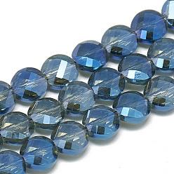 Dodger Blue Electroplate Glass Beads Strands, Rainbow Plated, Faceted, Flat Round, Dodger Blue, 8x5mm, Hole: 1.2mm, about 69~72pcs/strand, 21.26 inch