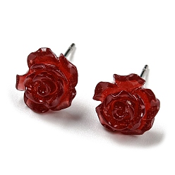 Dark Red Resin Rose Flower Stud Earrings with 316 Stainless Steel Pins, Dark Red, 9~9.5x9~9.5mm