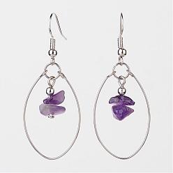 Amethyst Natural Amethyst Dangle Earrings, with Steel Memory Wire and Brass Earring Hooks, Platinum, 50mm