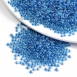 Dodger Blue 8/0 Glass Seed Beads, Transparent Inside Colours Luster, Round Hole, Round, Dodger Blue, 8/0, 3~4x2~3mm, Hole: 0.8mm, about 15000pcs/bag