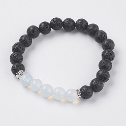Opalite Natural Lava Rock and Opalite Beads Stretch Bracelets, with Alloy Findings, 2 inch(52mm)