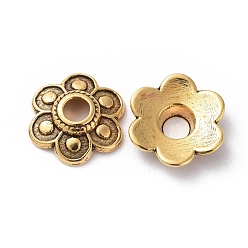 Antique Golden Tibetan Style Alloy Bead Caps, Lead Free & Cadmium Free, Flower, Antique Golden Color, about 15mm in diameter, 3mm thick, hole: 4mm