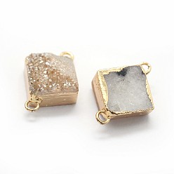 Wheat Natural Druzy Quartz Links connectors, with Brass Findings, Square, Golden, Wheat, 16~18x13~14x6~8mm, Hole: 2mm