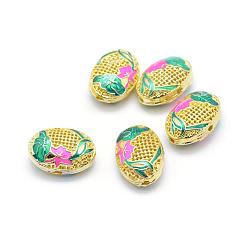 Hot Pink Electroplate Brass Enamel Beads, Lead Free & Cadmium Free, Oval with Lotus, Golden, Hot Pink, 20x14x9.5mm, Hole: 2mm