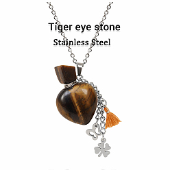 Tiger Eye Natural Tiger Eye Teardrop Perfume Bottle Pendant Necklace with Staninless Steel Butterfly Flower and Random Color Tassel Charms, Essential Oil Vial Jewelry for Women, 18.11 inch(46cm)