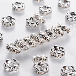 Crystal Brass Rhinestone Spacer Beads, Grade AAA, Wavy Edge, Nickel Free, Silver Color Plated, Rondelle, Crystal, 6x3mm, Hole: 1mm