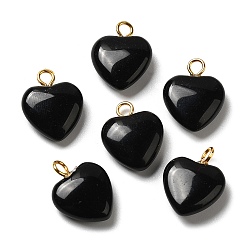 Obsidienne Pendentifs en obsidienne naturelles, charms coeur avec passants en laiton plaqué or, 15~15.5x12~12.5x4.5~5.5mm, Trou: 2mm