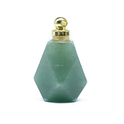 Aventurine Verte Pendentifs de bouteille de parfum d'aventurine verte naturelle, avec les accessoires en alliage de tonalité d'or, pour l'huile essentielle, parfum, bouteille de polygone, 35x23mm