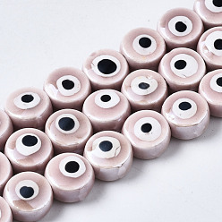 Rosada Marrón Hebras de cuentas de cerámica de porcelana hecha a mano, porcelánico esmaltado brillante, plano y redondo con mal de ojo, marrón rosado, 8x5 mm, agujero: 1.5 mm, sobre 40 unidades / cadena, 12.01 pulgada (30.5 cm)
