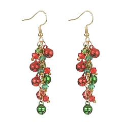 Colorful Christmas Bell Glass Dangle Earrings, Golden Brass Cluster Earrings, Colorful, 60mm