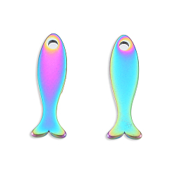 Rainbow Color Ion Plating(IP) 201 Stainless Steel Charms, Fish, Rainbow Color, 15x4.5x1mm, Hole: 1.2mm