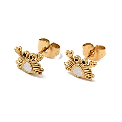 White Enamel Crab Stud Earrings with 316 Surgical Stainless Steel Pins, Gold Plated 304 Stainless Steel Jewelry for Women, White, 7x9mm, Pin: 0.8mm